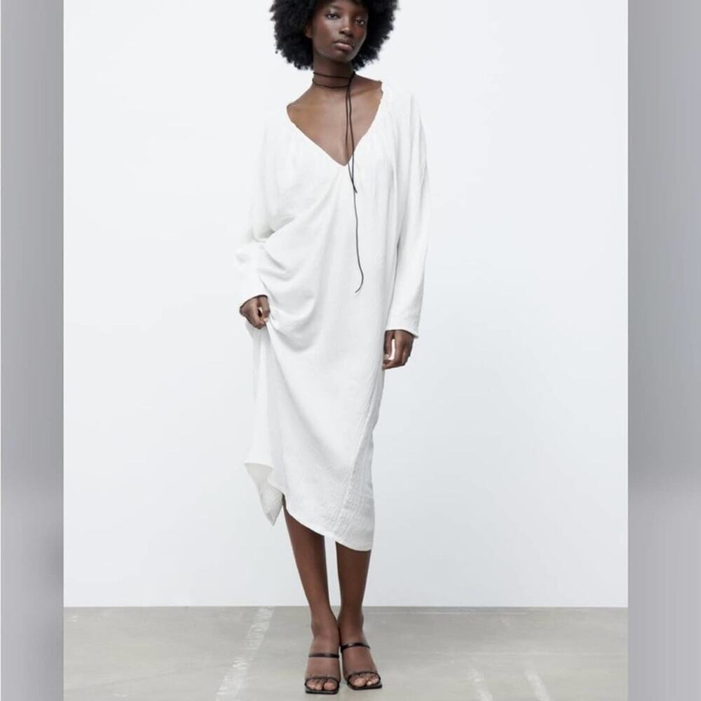 Zara White LONG RUCHED DRESS Size Medium - Picture 7 of 12